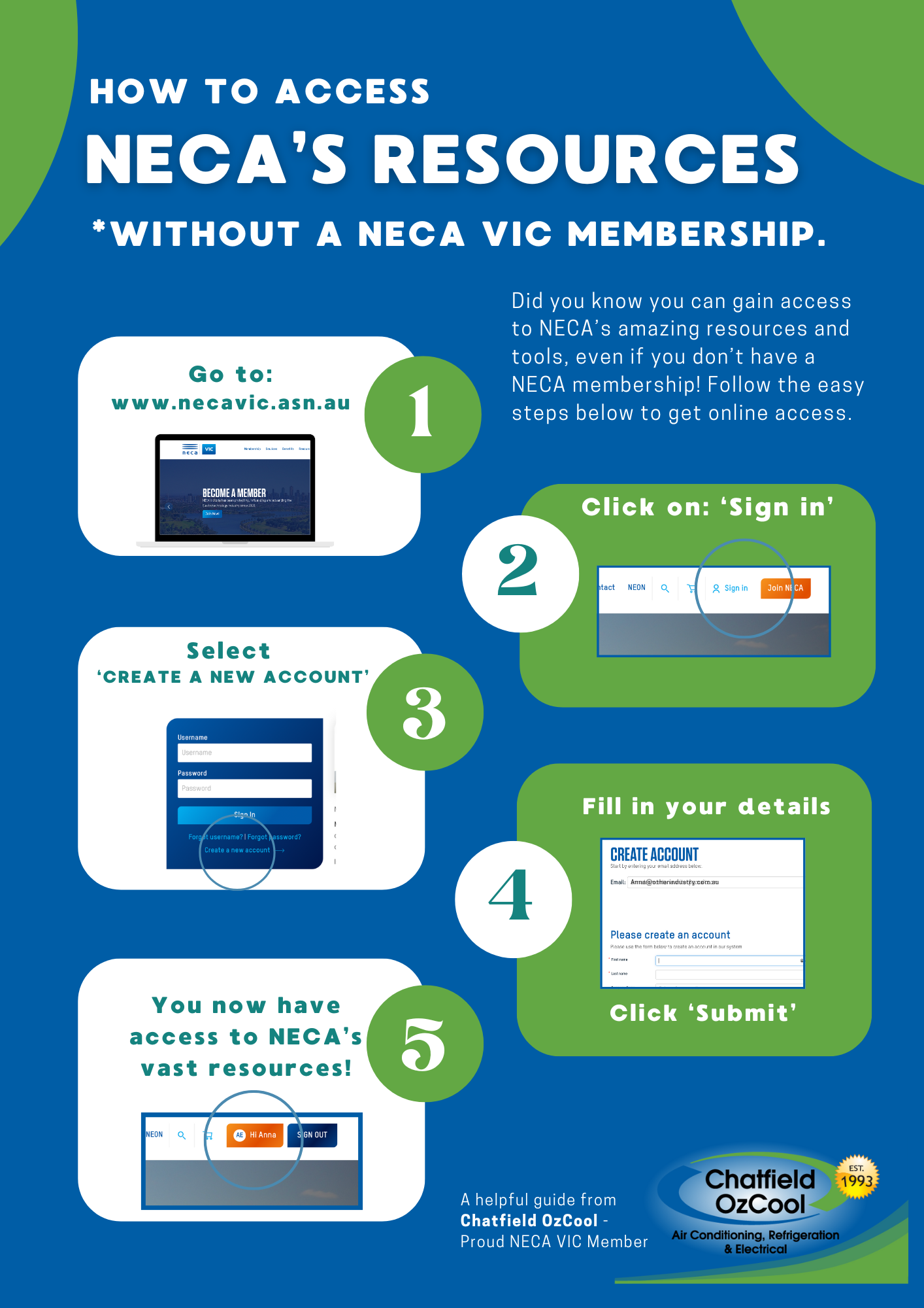 Chatfield OzCool instructions on How to sign up to NECA Vic website
